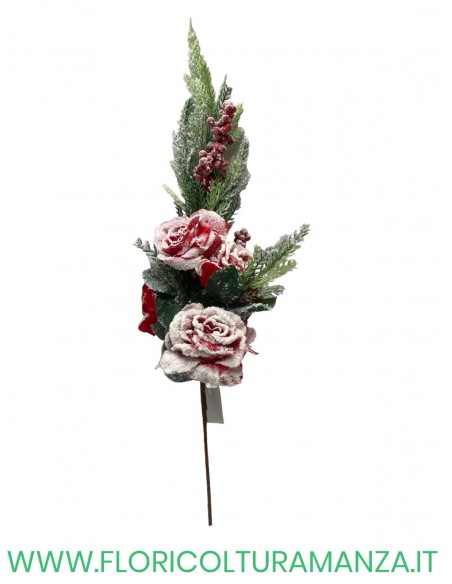 BUSH NATALIZIO ROSE INNEVATE BACCHE PIGNE CM 60