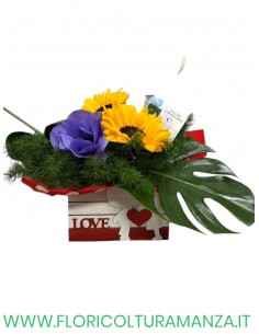 SCATOLA IN LEGNO CON GIRASOLI ED ANEMONI