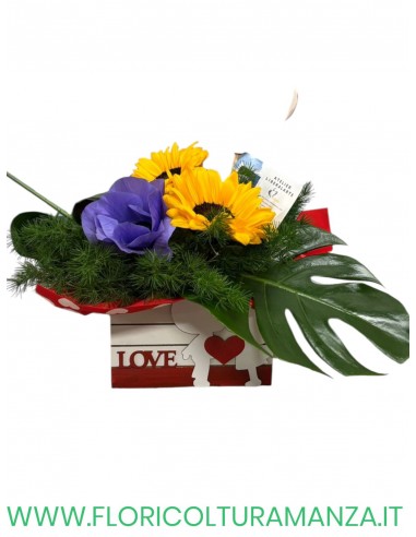 SCATOLA IN LEGNO CON GIRASOLI ED ANEMONI